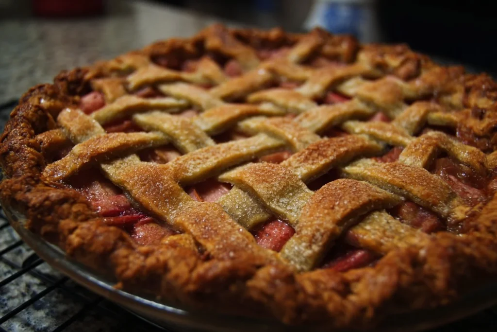 Delicious homemade rhubarb pie baked to perfection