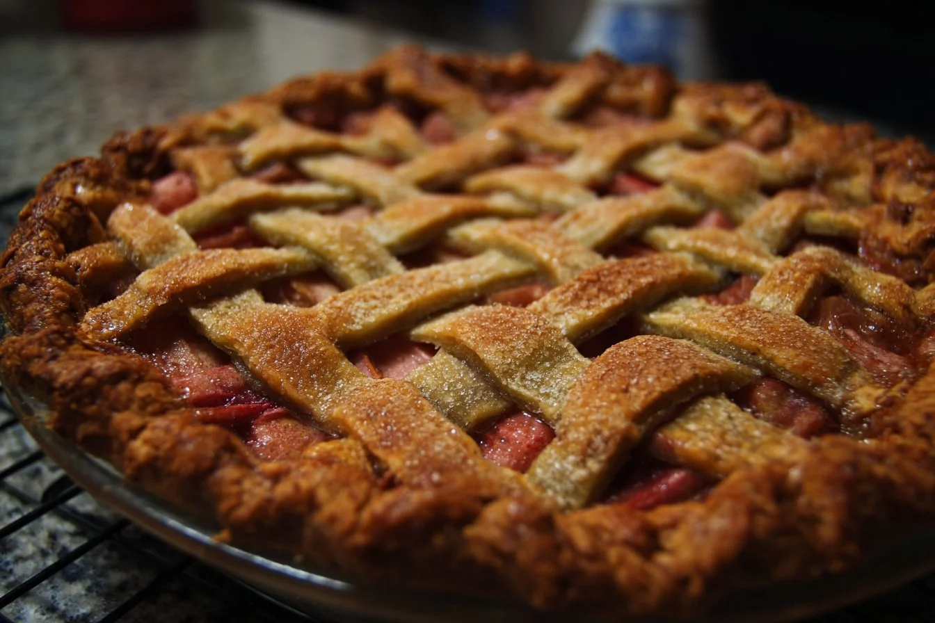 Delicious homemade rhubarb pie baked to perfection