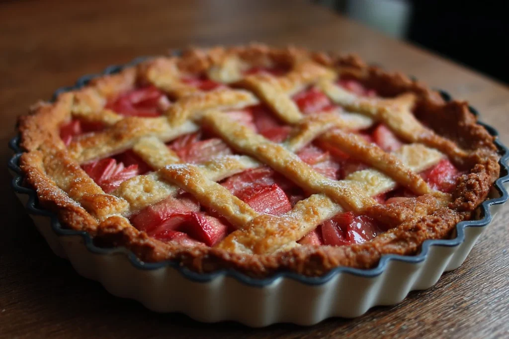 Homemade rhubarb pie with a golden crust and vibrant filling