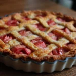 Homemade rhubarb pie with a golden crust and vibrant filling