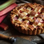 Delicious homemade rhubarb pie with a golden flaky crust and vibrant filling