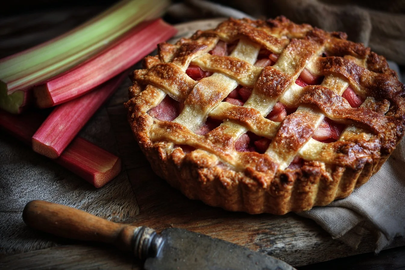 Delicious homemade rhubarb pie with a golden flaky crust and vibrant filling