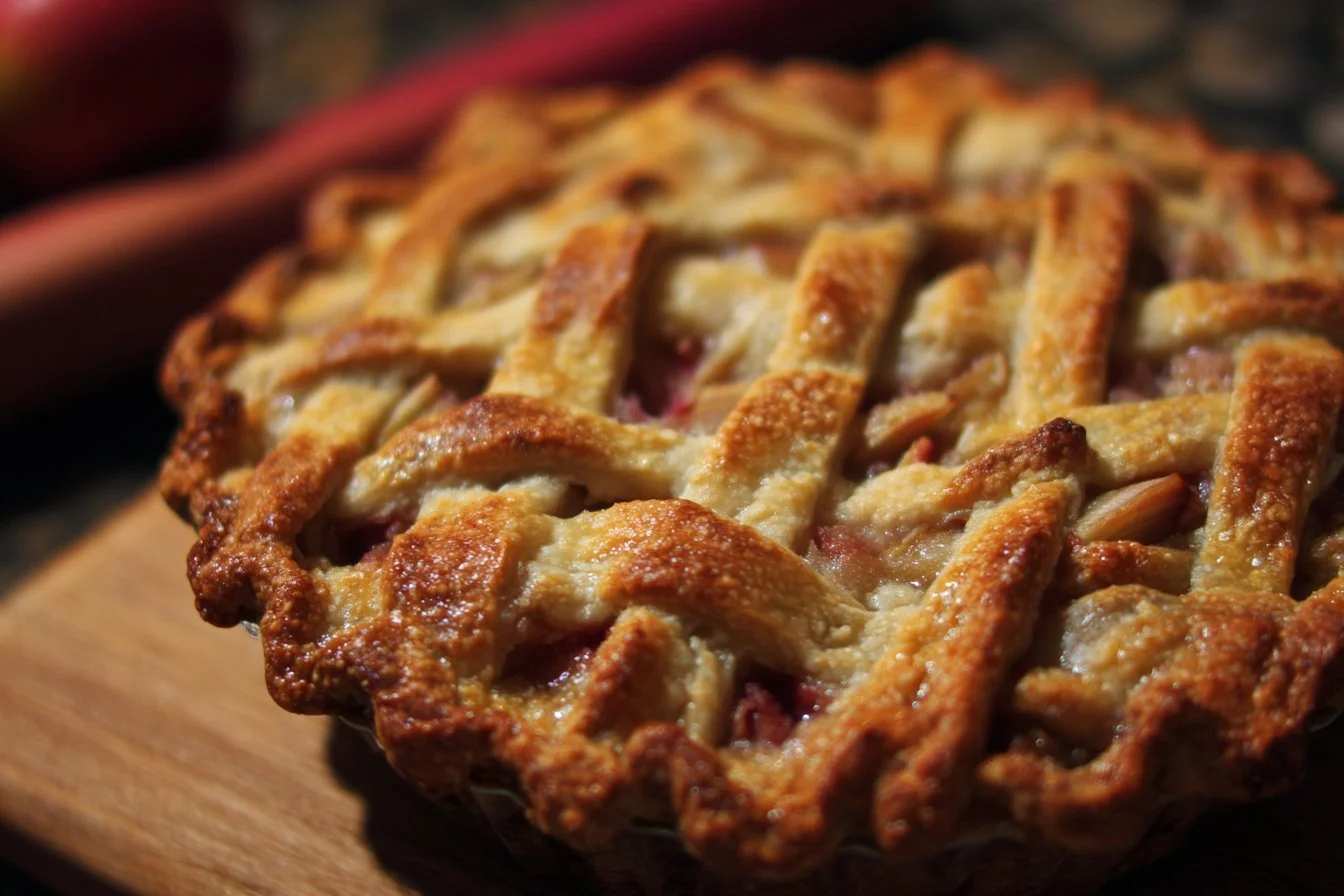 Freshly baked rhubarb pie with a golden crust and vibrant filling