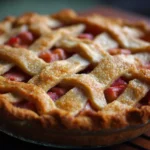 Homemade rhubarb pie with a flaky crust and vibrant filling.
