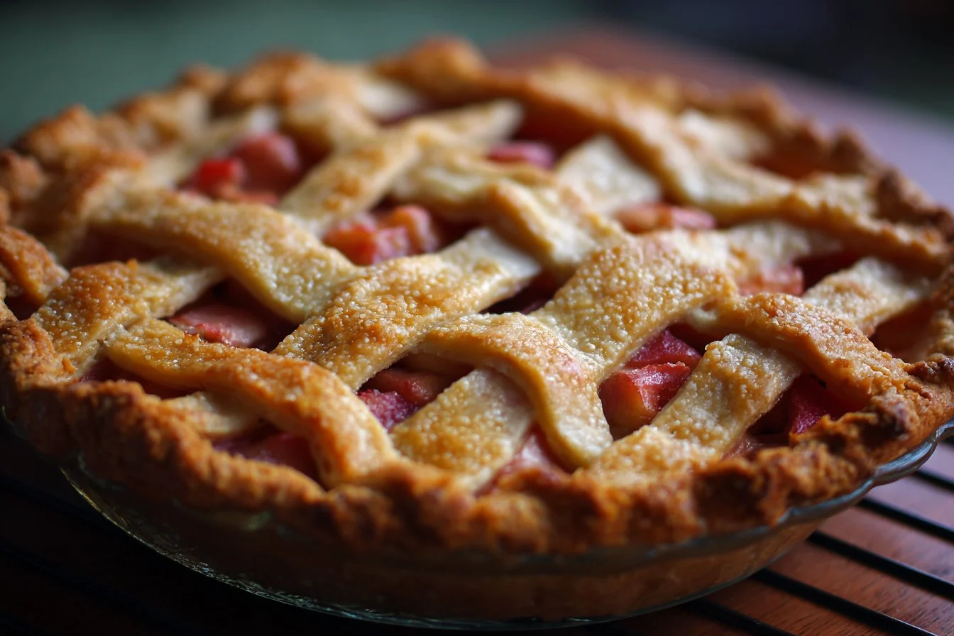 Homemade rhubarb pie with a flaky crust and vibrant filling.