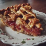Delicious slice of homemade rhubarb pie on a wooden table