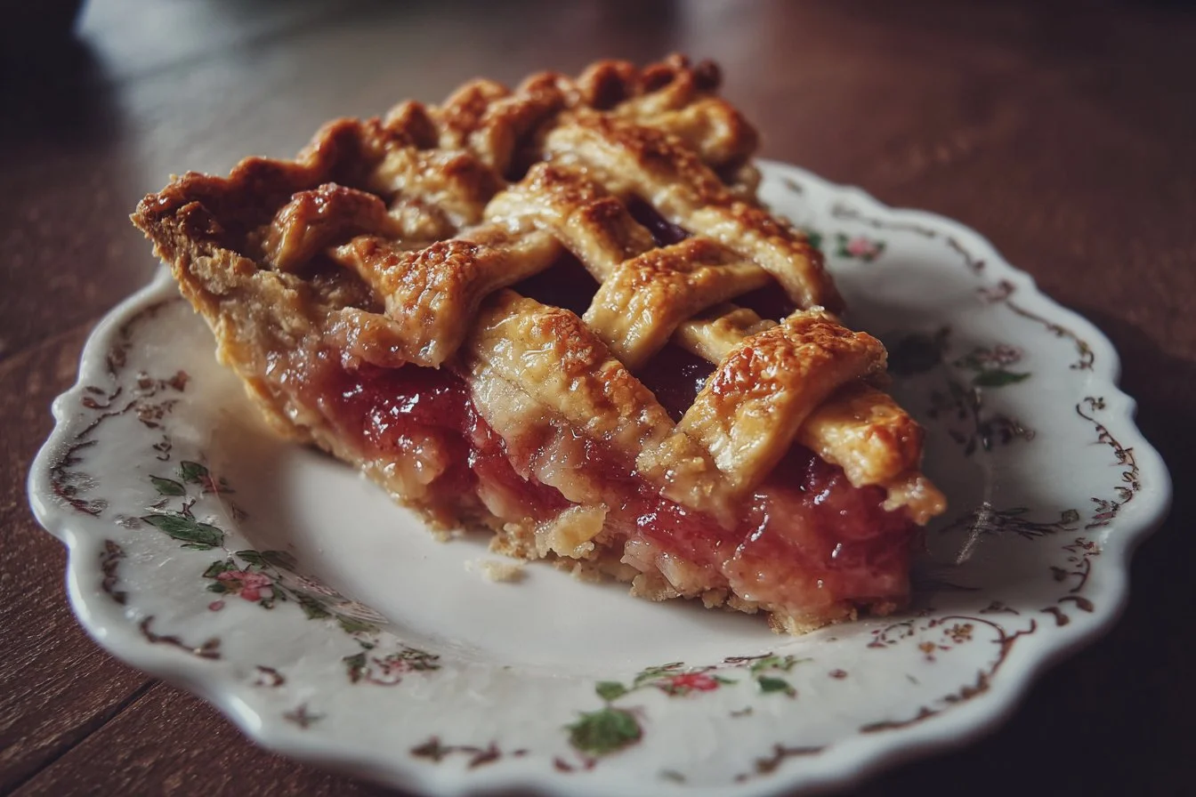 Delicious slice of homemade rhubarb pie on a wooden table