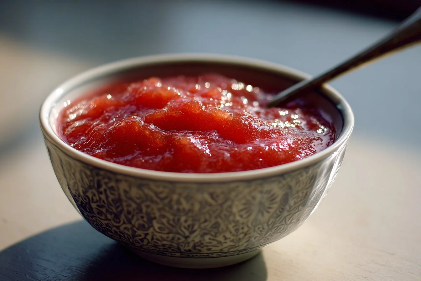 Homemade rhubarb sauce in a jar with fresh rhubarb stalks