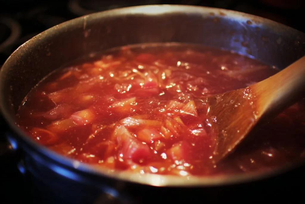 Homemade rhubarb sauce in a jar with fresh rhubarb stalks