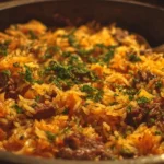A hearty rice and beef casserole dish ready to serve, topped with cheese and herbs.