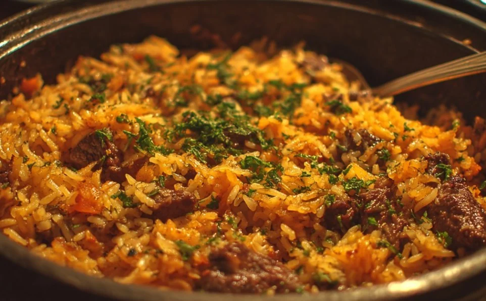 A hearty rice and beef casserole dish ready to serve, topped with cheese and herbs.
