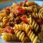 Rotel Pasta with Ground Beef dish served in a bowl, garnished with cheese