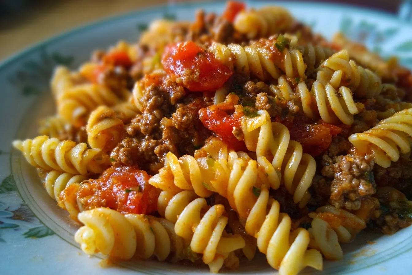 Rotel Pasta with Ground Beef dish served in a bowl, garnished with cheese