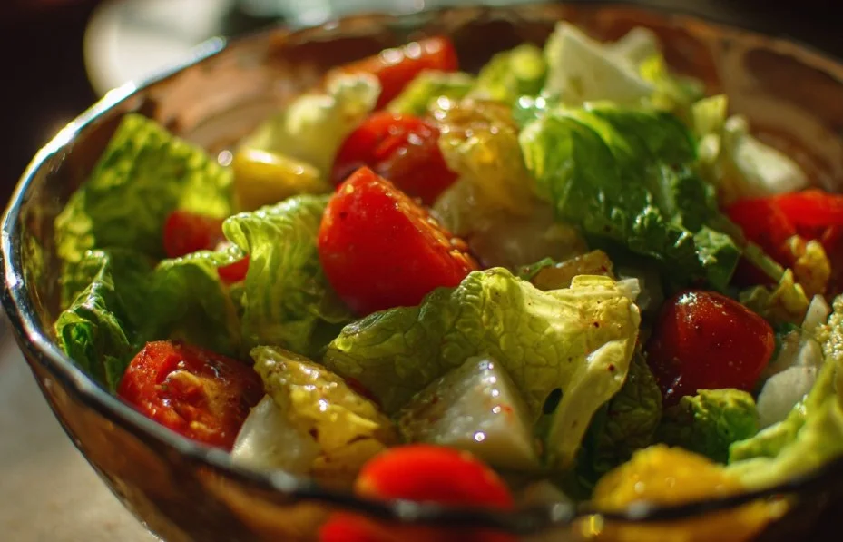 Colorful mixed salad with fresh vegetables and dressing