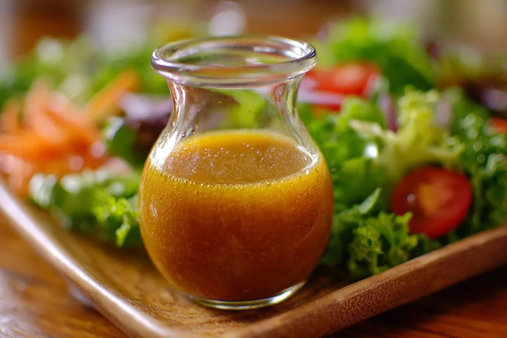 Homemade salad dressing in a glass jar on a wooden kitchen table.