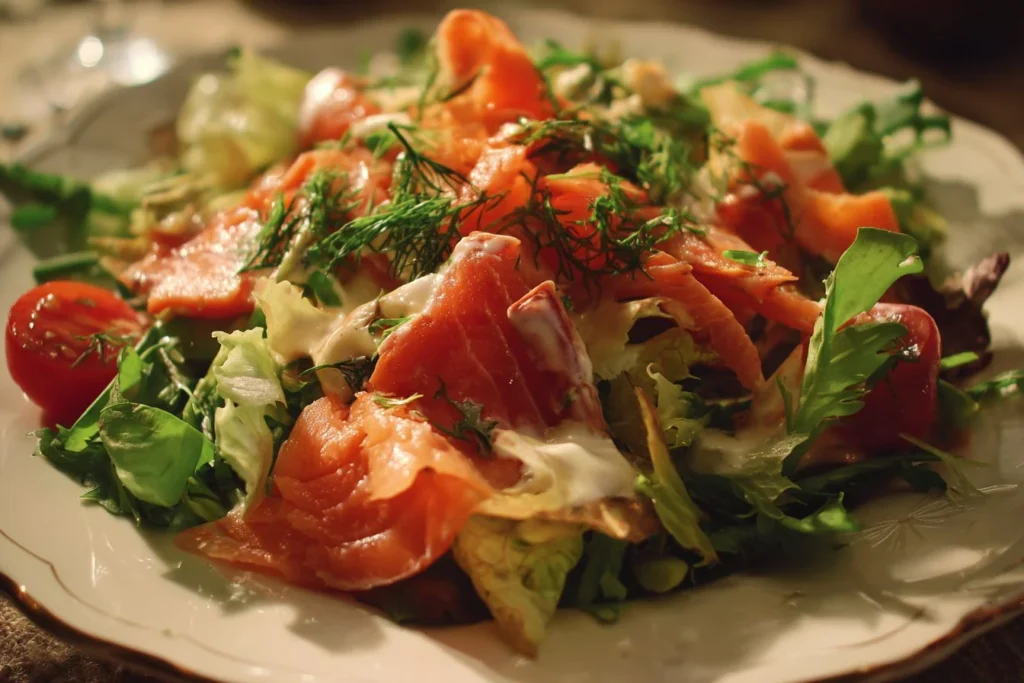 Vibrant salmon salad with fresh vegetables and a tangy dressing