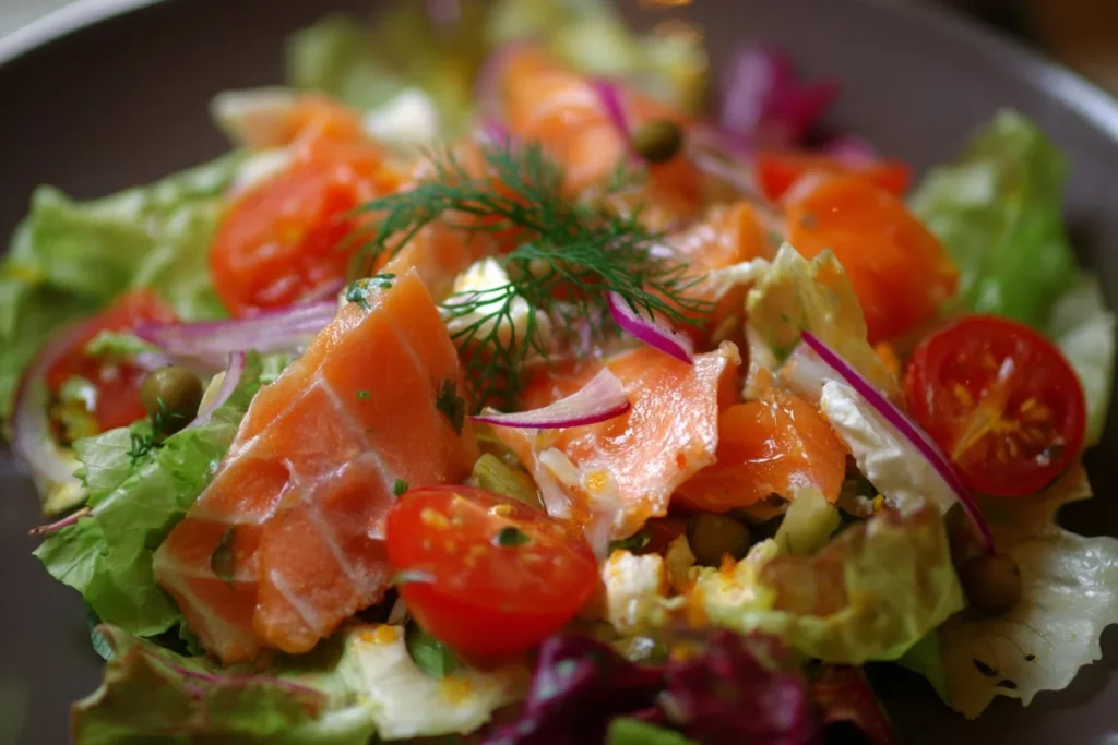 Delicious salmon salad with fresh greens and colorful vegetables