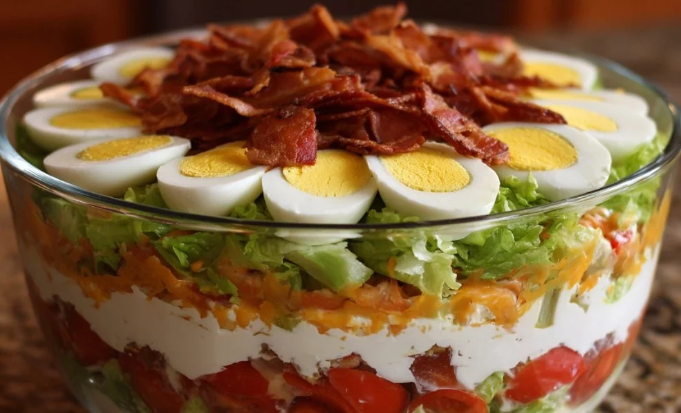 Colorful seven layer salad with fresh vegetables and creamy dressing