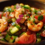 Delicious shrimp salad with fresh vegetables and dressing served in a bowl