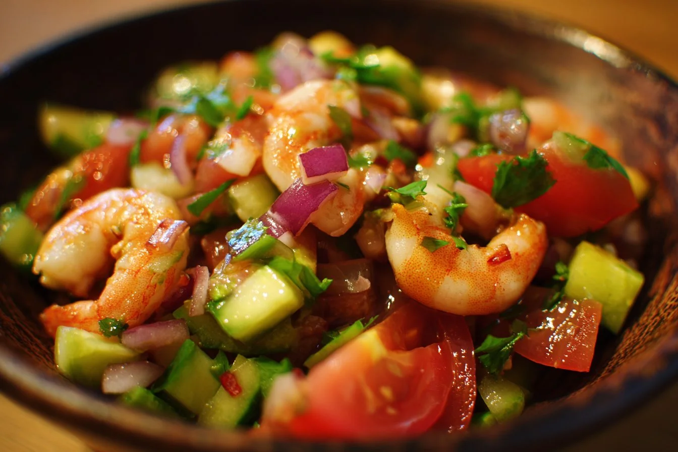Delicious shrimp salad with fresh vegetables and dressing served in a bowl