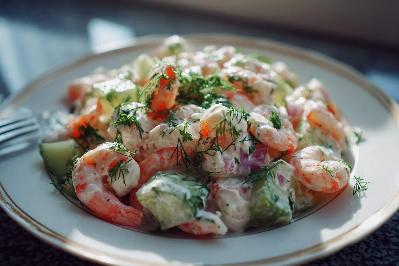 Delectable shrimp salad with fresh vegetables and a zesty dressing.