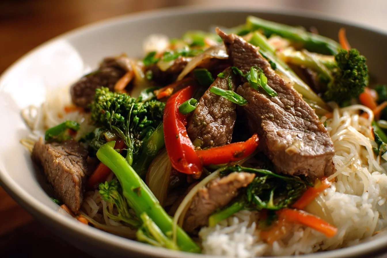 Delicious sliced beef stir-fry with vibrant vegetables in a hot pan.