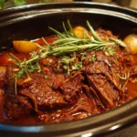 Delicious slow cooker beef brisket served with sides on a wooden table