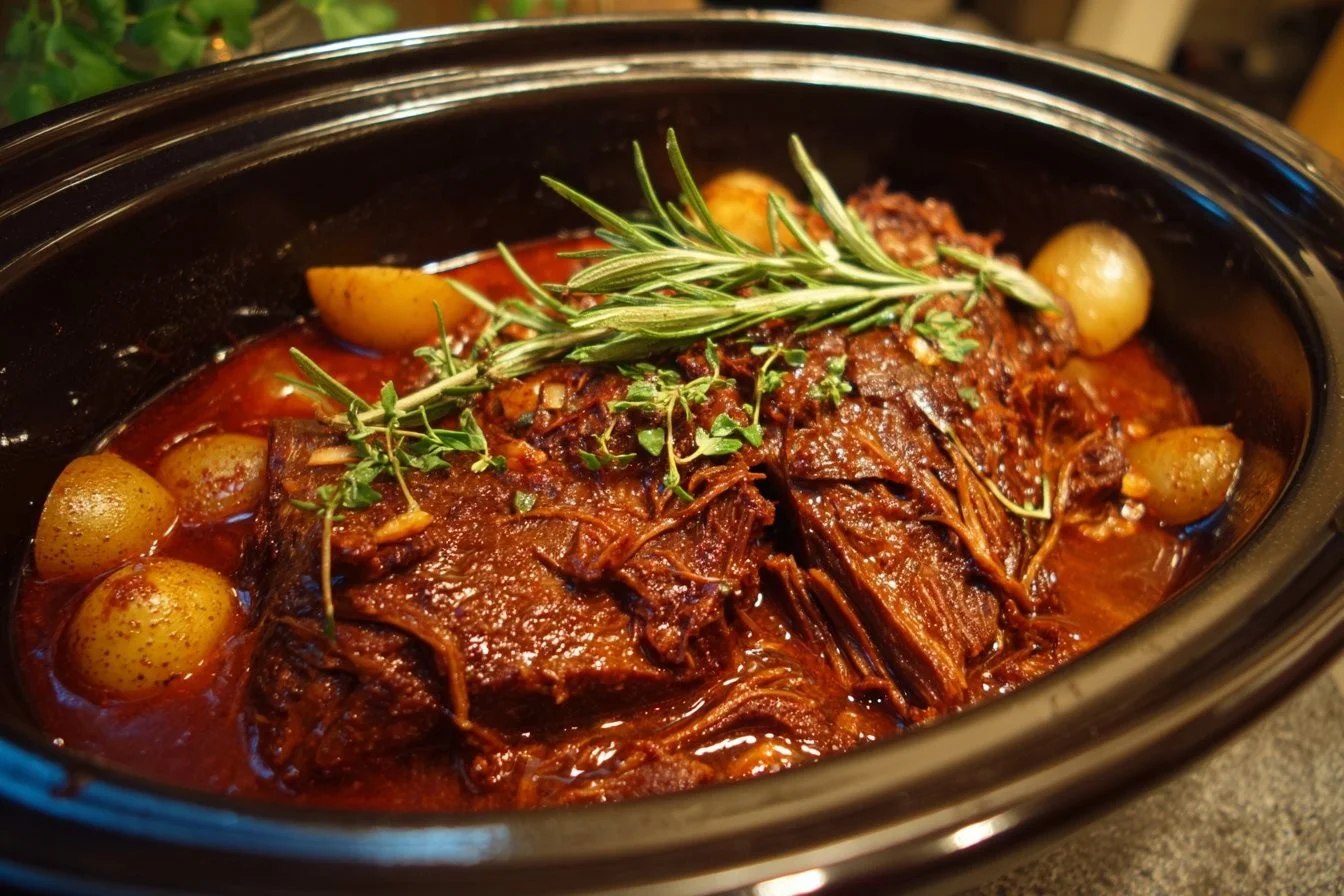 Delicious slow cooker beef brisket served with sides on a wooden table