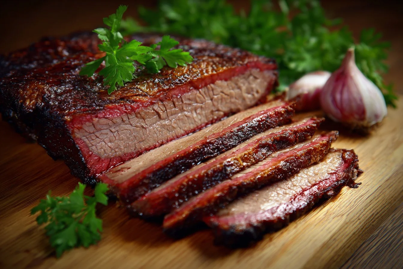 Juicy smoked beef brisket with a caramelized crust on a wooden cutting board.