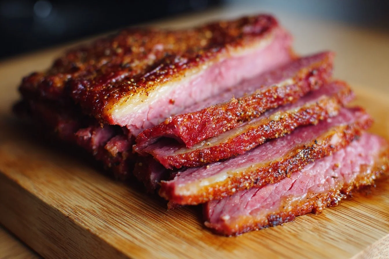 Delicious smoked corned beef brisket served with sides