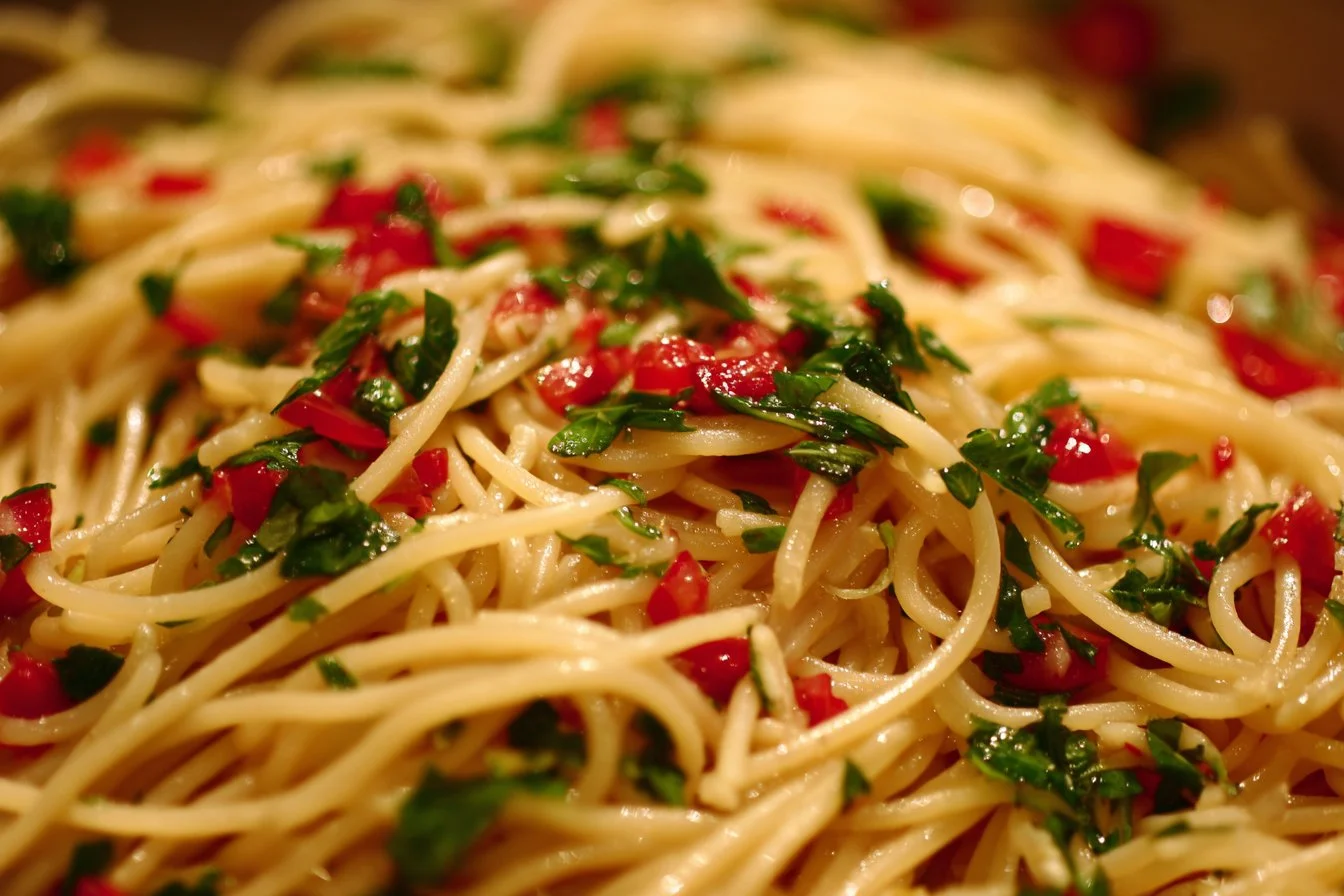 Colorful spaghetti salad with vegetables and dressing in a bowl.