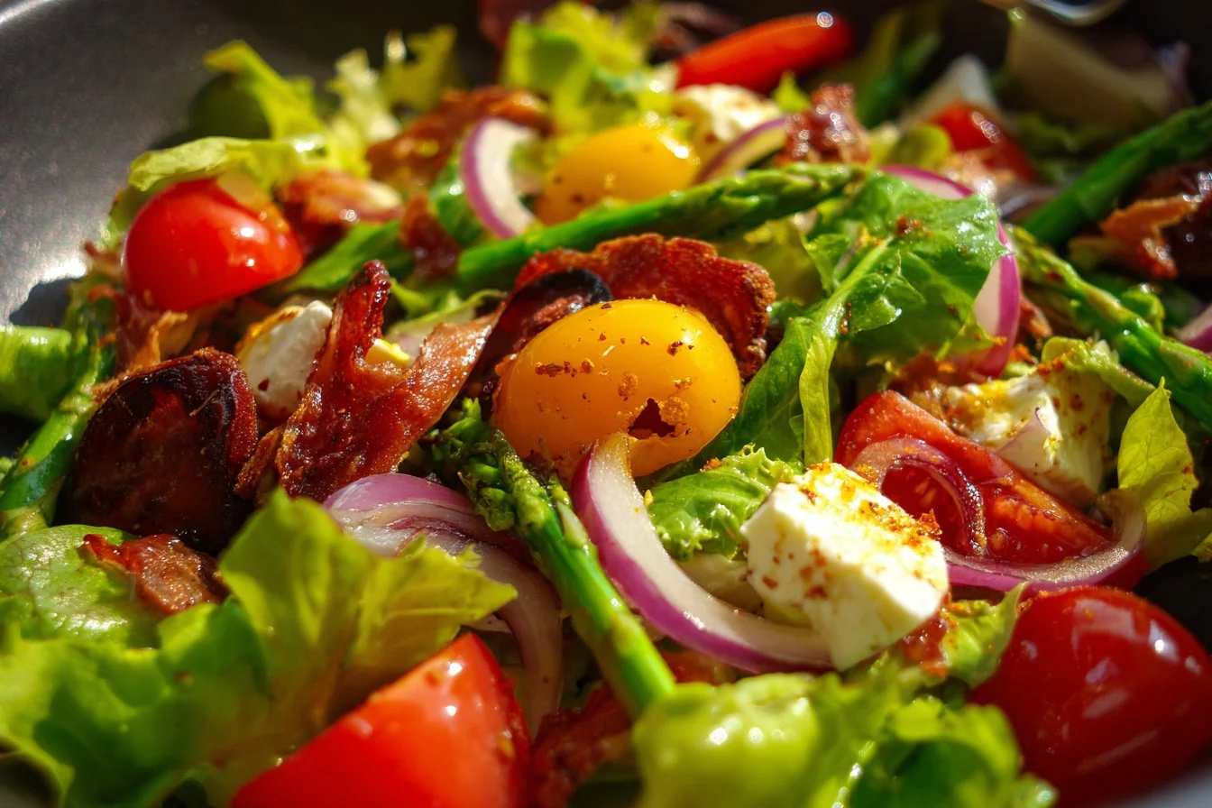Colorful spring salad with fresh greens and seasonal vegetables