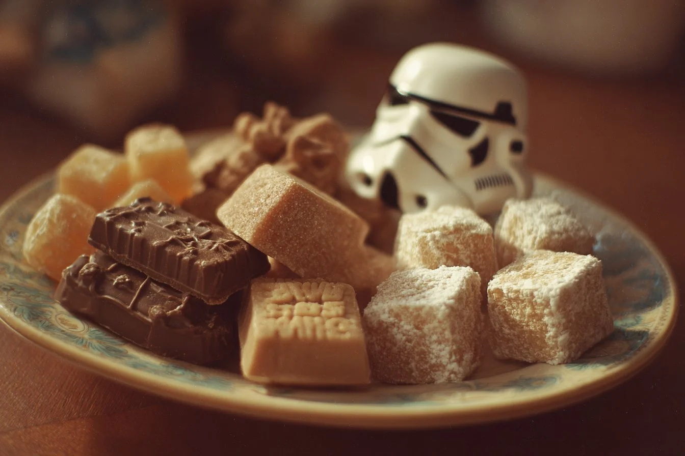 Star Wars themed snacks including cookies and cupcakes for a galaxy party