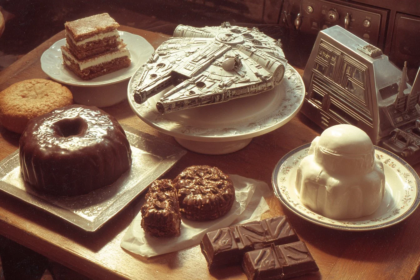 A variety of Star Wars themed food dishes arranged on a table.