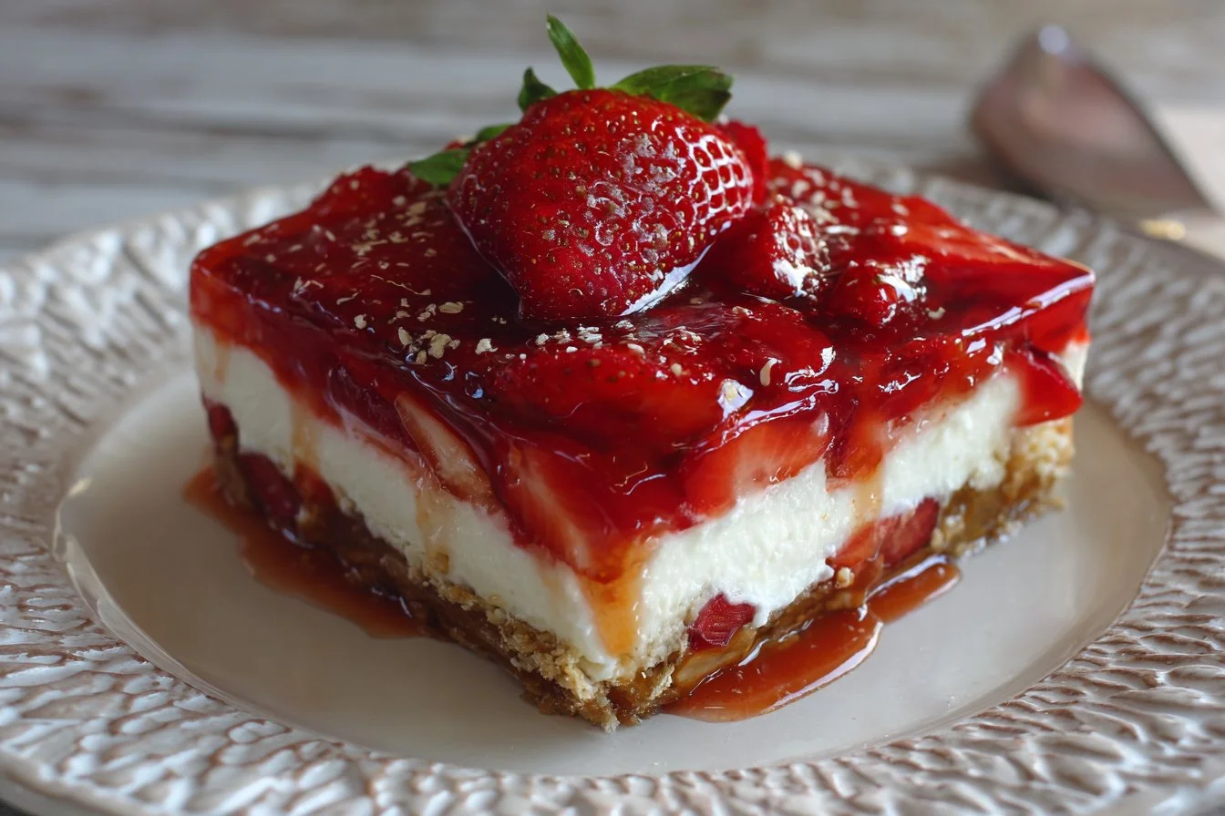 Strawberry Pretzel Salad with layers of strawberries, pretzels, and cream cheese