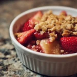 Homemade strawberry rhubarb crisp baked golden brown with oats topping