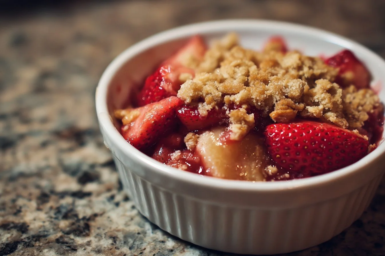 Homemade strawberry rhubarb crisp baked golden brown with oats topping