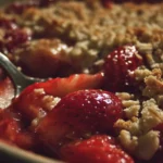 Delicious Strawberry Rhubarb Crisp dessert topped with crunchy oats