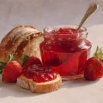 Homemade strawberry rhubarb jam in a jar with fresh strawberries and rhubarb stalks.