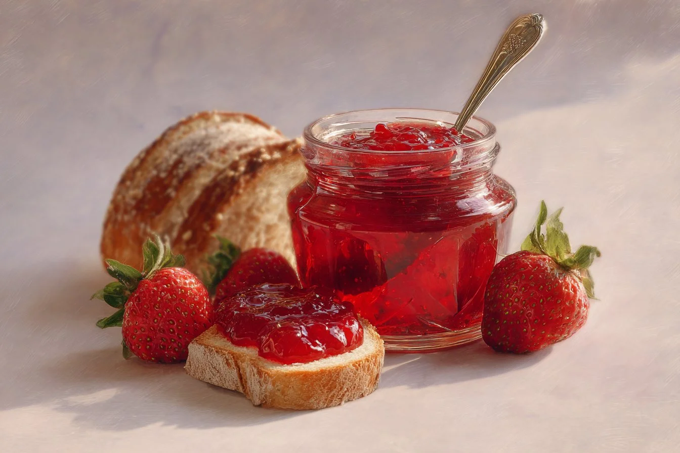 Homemade strawberry rhubarb jam in a jar with fresh strawberries and rhubarb stalks.