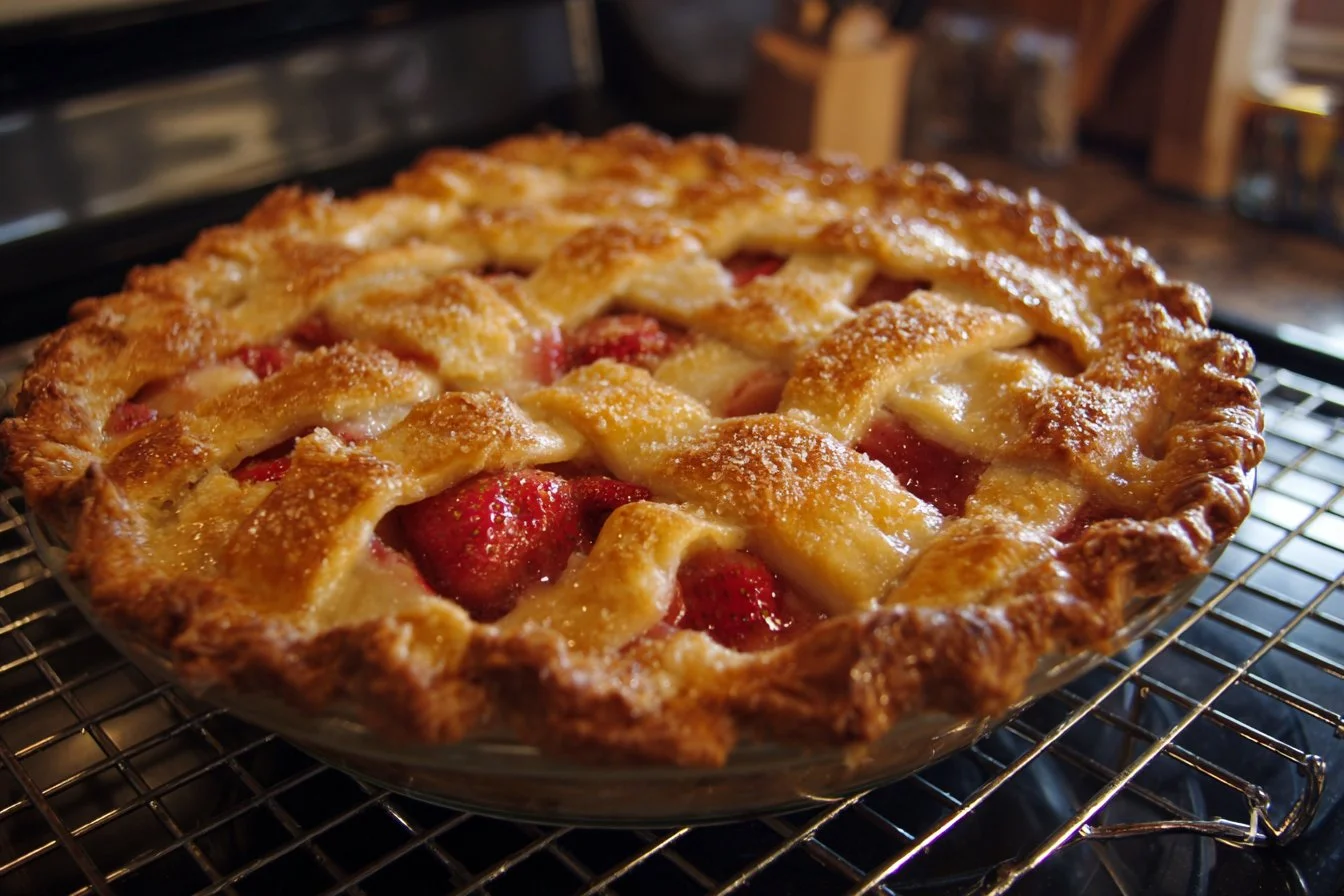 Delicious homemade strawberry rhubarb pie with flaky crust and fresh ingredients.