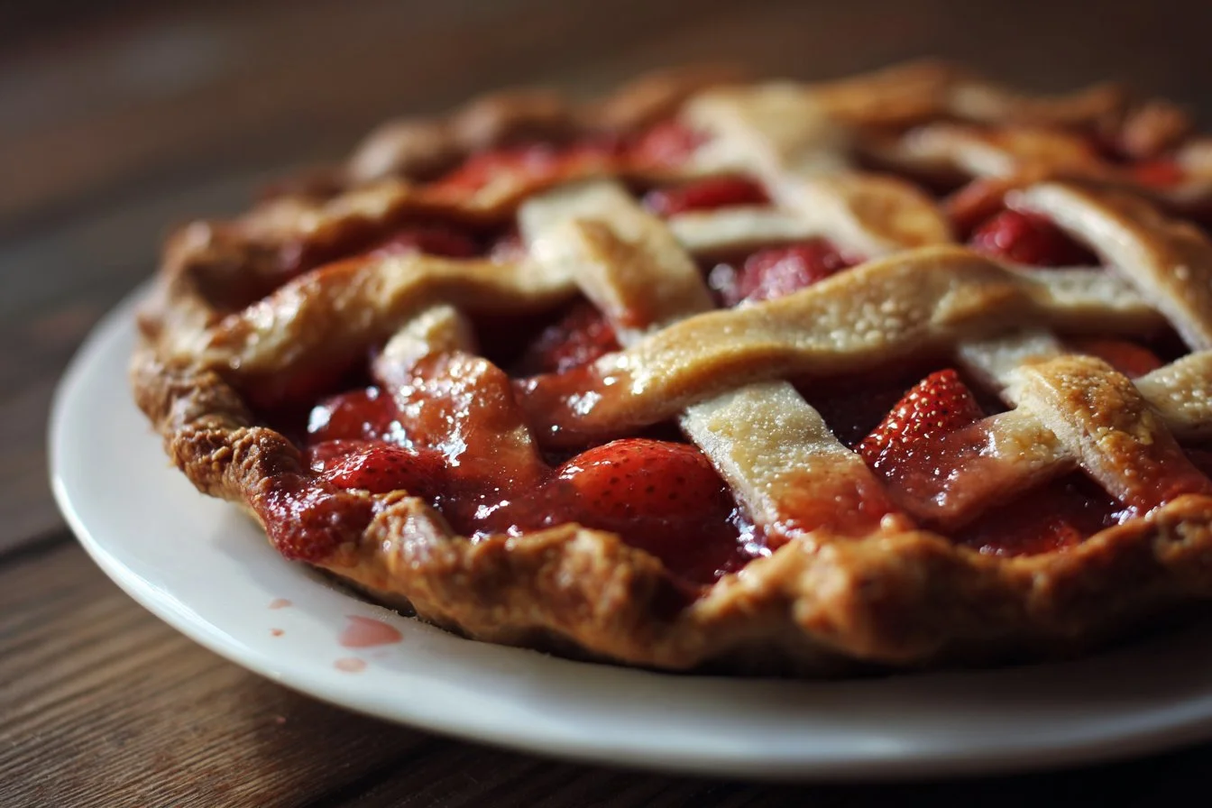 Delicious homemade Strawberry Rhubarb Pie fresh from the oven