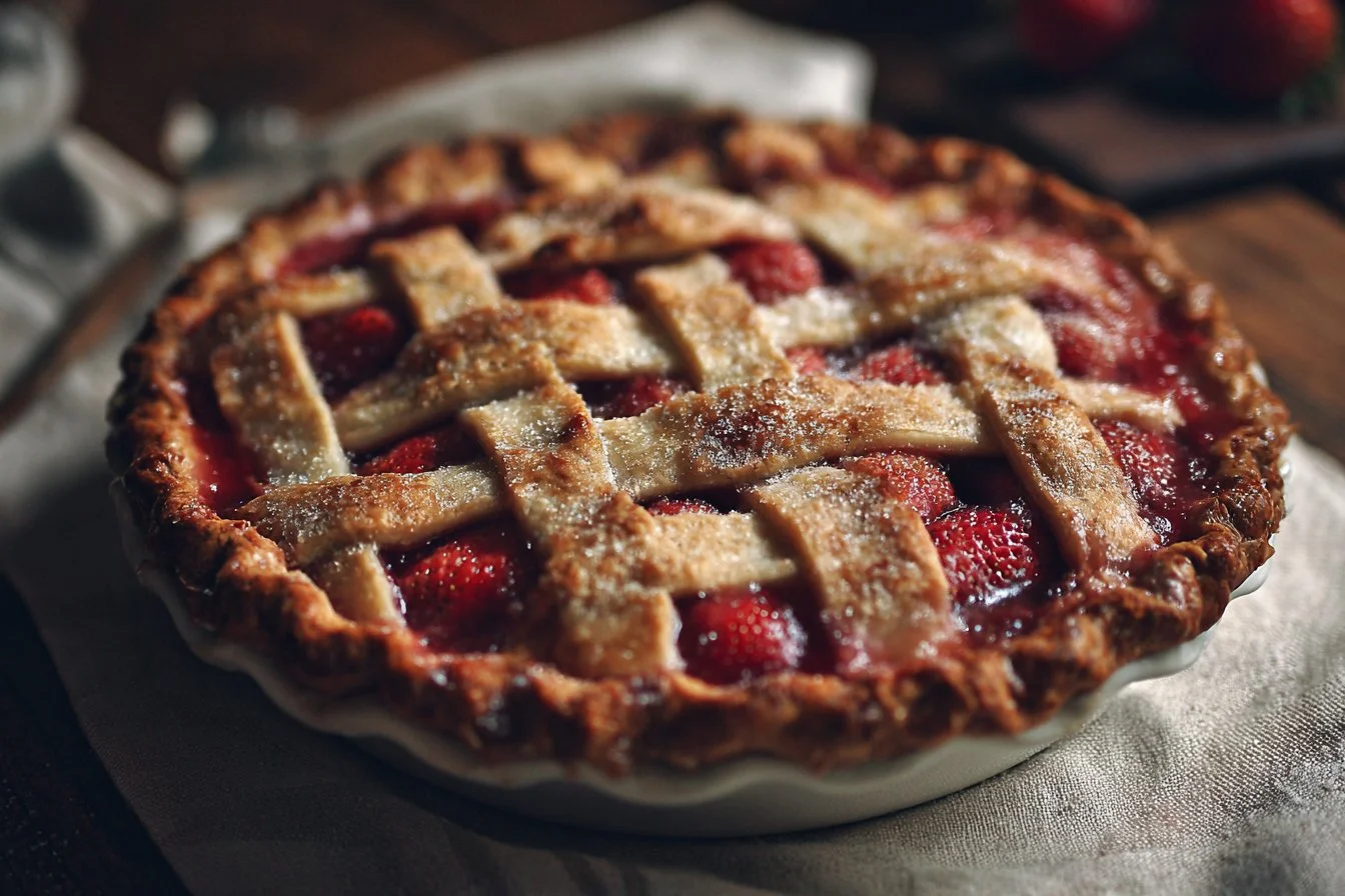 Delicious homemade Strawberry Rhubarb Pie with a flaky crust