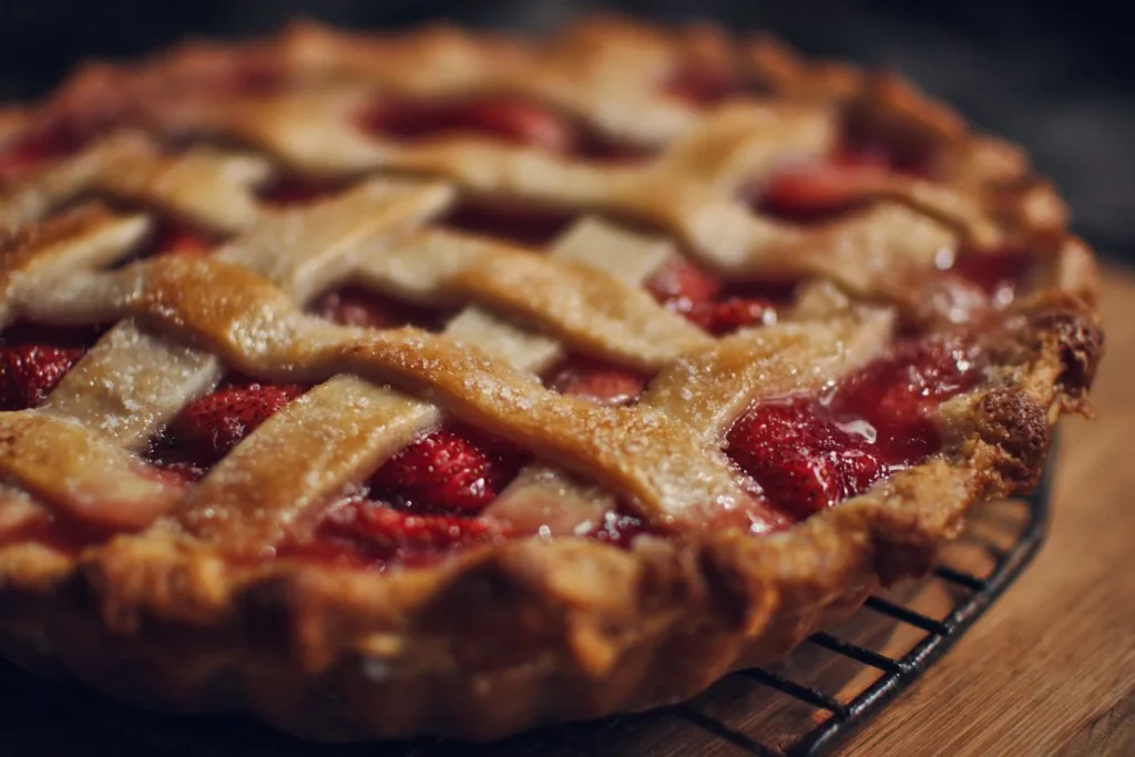 Homemade Strawberry Rhubarb Pie with fresh berries and crumbled crust