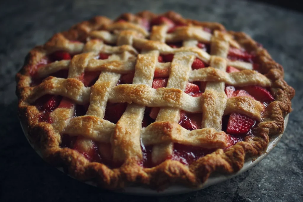 Delicious strawberry rhubarb pie on a wooden table with fresh strawberries and rhubarb