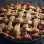 Delicious strawberry rhubarb pie on a wooden table with fresh strawberries and rhubarb