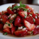 Freshly prepared strawberry salad with greens and nuts