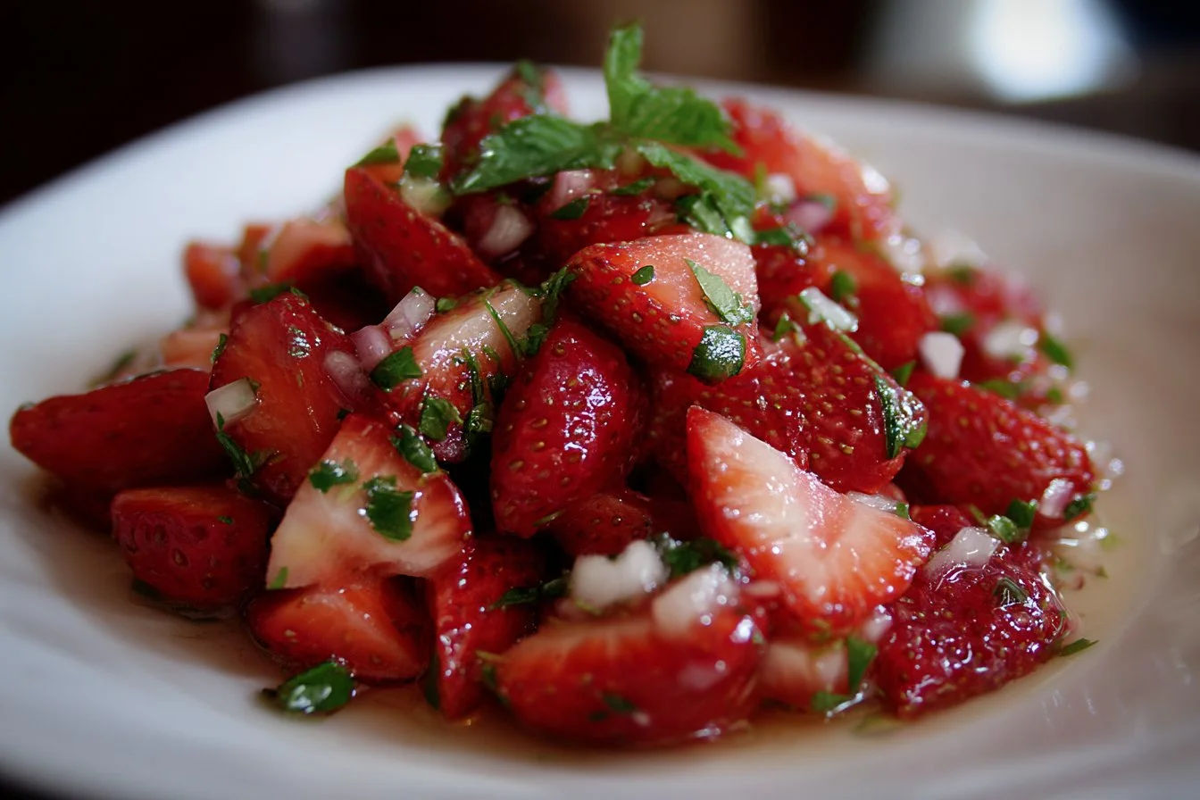 Freshly prepared strawberry salad with greens and nuts