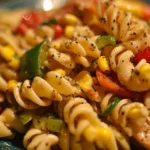 Delicious street corn pasta salad with fresh veggies and dressing