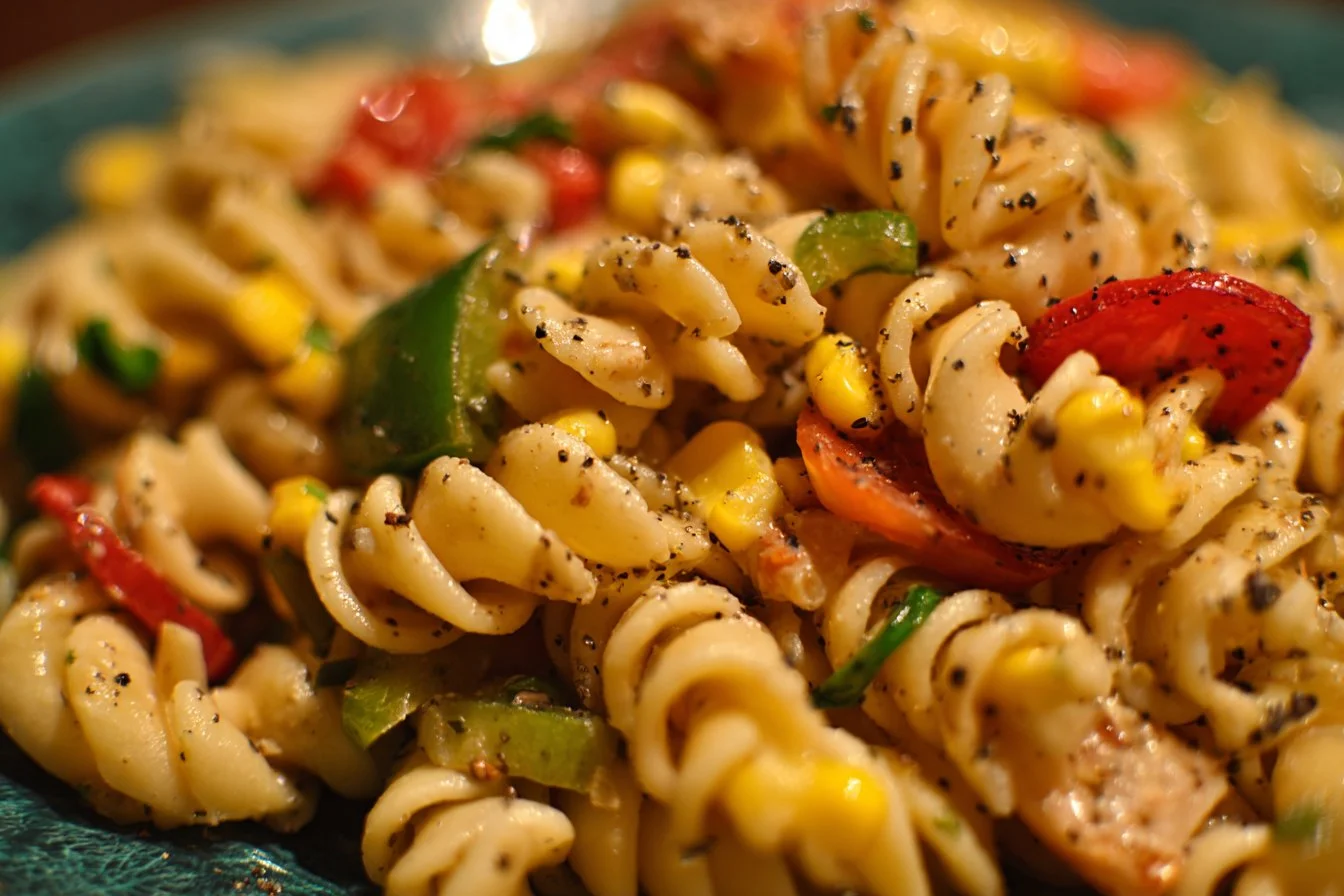 Delicious street corn pasta salad with fresh veggies and dressing